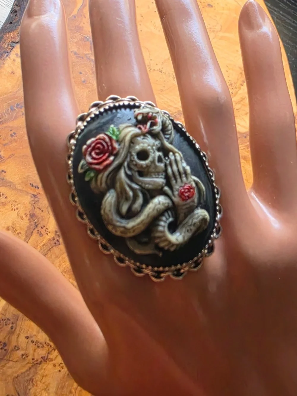 Resin & Sterling Dia De Los Muertos Day of the Dead Snake Skull Ring